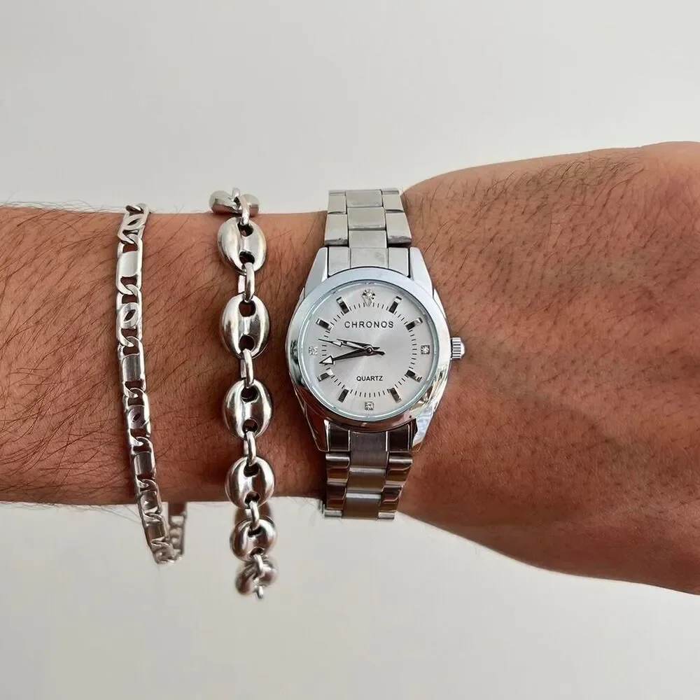 silver classy y2k sporty round stainless steel quartz luxury watch